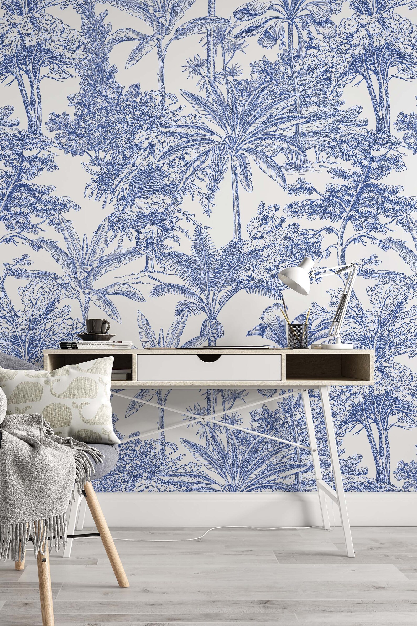 Blue Palms Trees Pattern Peel and Stick Wallpaper Exotic - Etsy