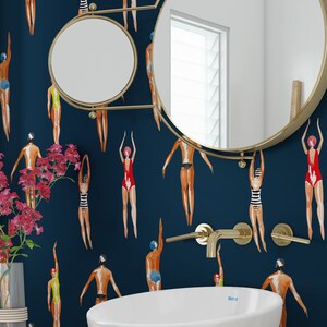 Swimmers Retro Wallpaper Navy Blue Background - Peel & Stick Wallpaper - Removable Self Adhesive and Traditional wallpaper #3448 image 10