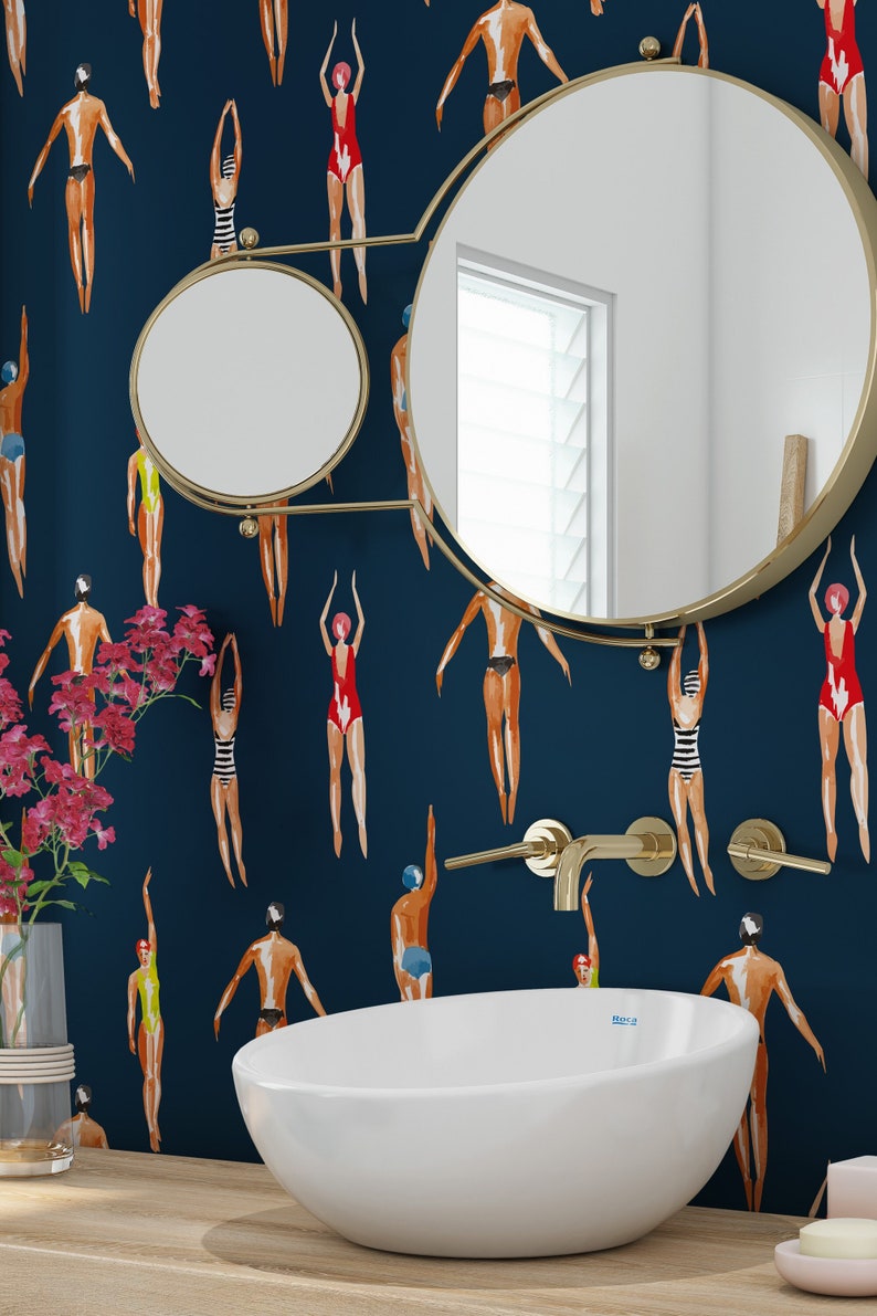Swimmers Retro Wallpaper Navy Blue Background - Peel & Stick Wallpaper - Removable Self Adhesive and Traditional wallpaper #3448 image 10