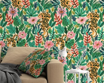 Tiger in the Woods Wallcovering, tropical  - Fabric Peel & Stick  - Removable Self Adhesive Wallpaper Roll pattern wallpaper design#3094