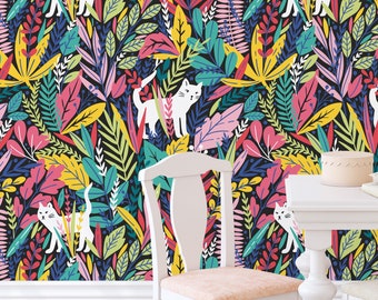 Tropical White Cats in colorful grass  - Peel & Stick - traditional non-woven Wallpaper - Removable Self Adhesive Wallpaper design #3199