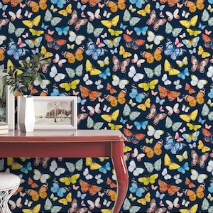 Butterflies Wallpaper on deep blue background - Removable Self Adhesive pattern wallpaper #3256