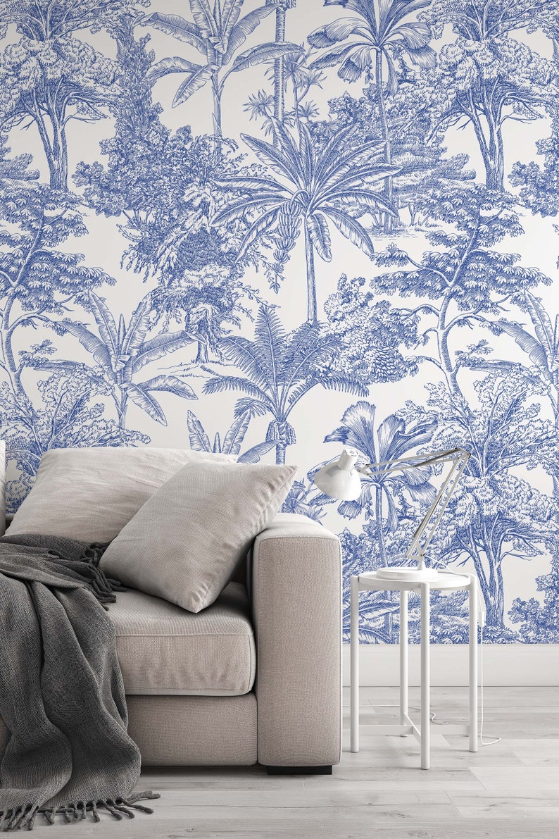 Blue Palms Trees Pattern Peel and Stick Wallpaper Exotic - Etsy