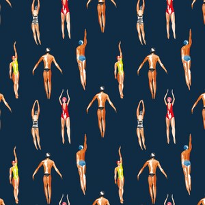 Swimmers Retro Wallpaper Navy Blue Background - Peel & Stick Wallpaper - Removable Self Adhesive and Traditional wallpaper #3448 image 4