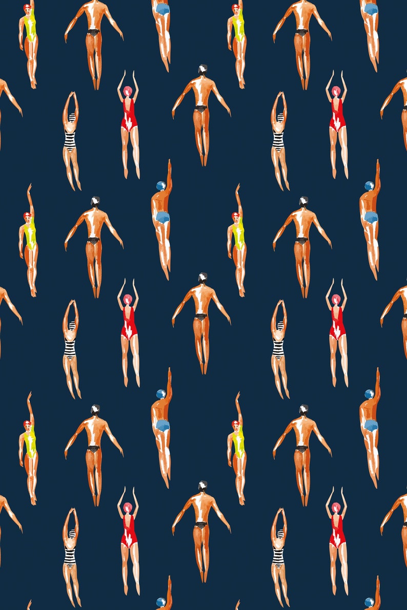 Swimmers Retro Wallpaper Navy Blue Background - Peel & Stick Wallpaper - Removable Self Adhesive and Traditional wallpaper #3448 image 4