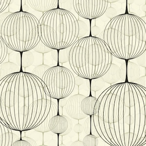 以下が含まれることがあります： 白地に重なり合う黒い円のシームレスなパターン。円は細い線で構成されており、幾何学的なパターンを形成しています。