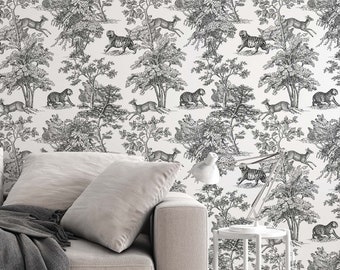 Tiger and Deer Removable Wallpaper - Forest Animals Peel and Stick Wall Decor
