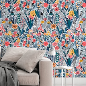 Scandinavian flowers floral wallpaper - Peel & Stick Wallpaper - Removable Self Adhesive and Traditional wallpaper #3218
