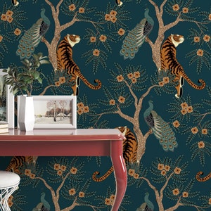 Tiger and Peacock in the woods on the deep green background  animals wall decor Peel and Stick removable wallpaper deep green leaves 3253