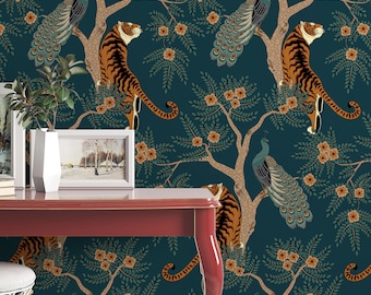 Tiger and Peacock in the woods on the deep green background  animals wall decor Peel and Stick removable wallpaper deep green leaves 3253