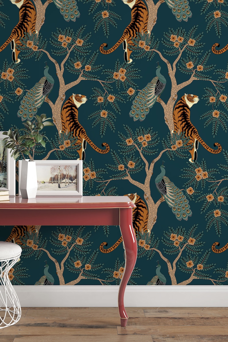Tiger and Peacock in the woods on the deep green background animals wall decor Peel and Stick removable wallpaper deep green leaves 3253 image 1