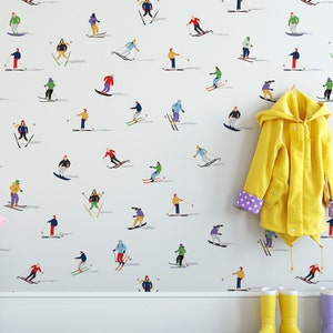 People on skis Retro White Wallpaper  - Peel & Stick Wallpaper - Removable Self Adhesive and Traditional wallpaper #3562