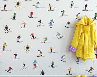 People on skis Retro White Wallpaper  - Peel & Stick Wallpaper - Removable Self Adhesive and Traditional wallpaper #3562