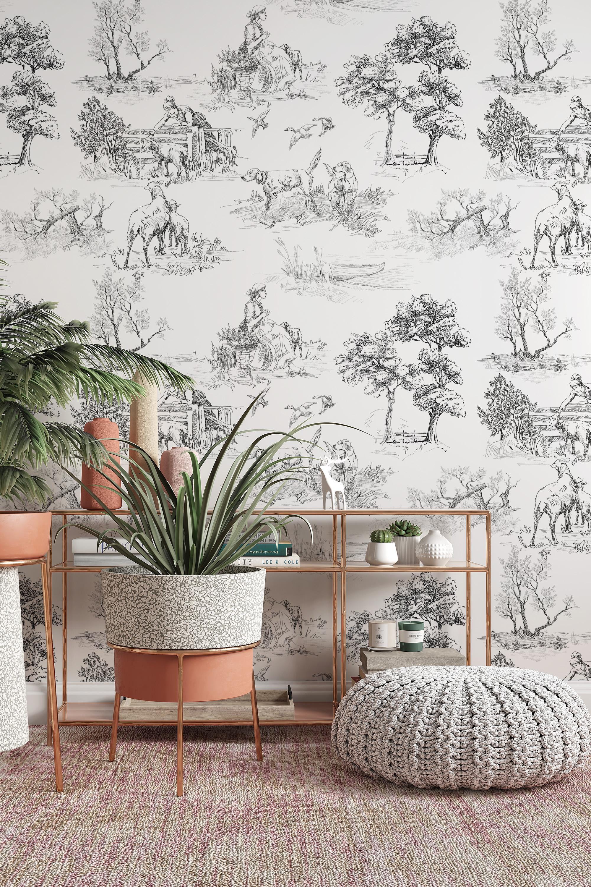 Rustic Motifs Wallpaper, Toile Design- Peel and Stick Wallpaper ...
