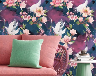 Birds and flowers on dark  Background Wallpaper - Removable wallpaper - Vinyl Peel and Stick Wallpaper design #3141