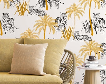 Tigers and yellow palms, tropical leaves, jungle wall mural, peel and stick wallpaper, wall decor design#3290