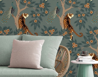 Tiger and Peacock in the woods on gray background animals wall decor Peel and Stick removable wallpaper 3296