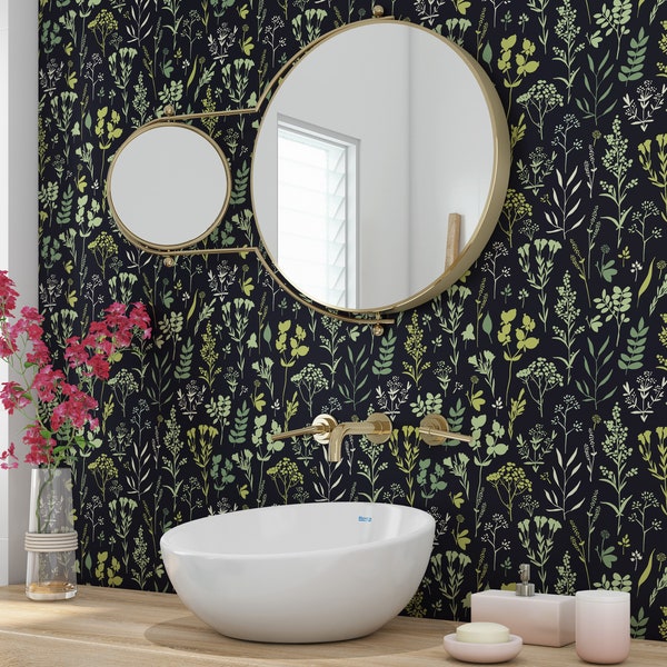 Herbs and Floral Motifs Removable Wallpaper-Peel and Stick Wallpaper - Wall Mural - Self Adhesive Wallpaper #3377