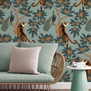 Tiger and Peacock  in the woods animals  Wallcovering wall decor Peel and Stick removable wallpaper 3297