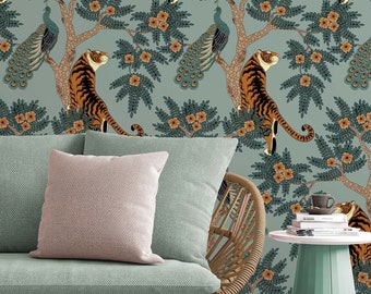 Tiger and Peacock  in the woods animals  Wallcovering wall decor Peel and Stick removable wallpaper 3297