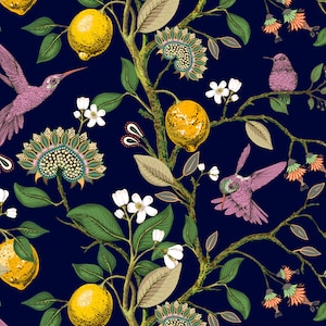May include: A seamless pattern featuring a dark blue background with a lemon tree, white flowers, and purple hummingbirds. The lemons are yellow and the leaves are green.
