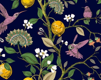 Hummingbird Paradise on dark blue Background  floral Wallpaper - Removable wallpaper - Vinyl Peel and Stick Wallpaper design #3085