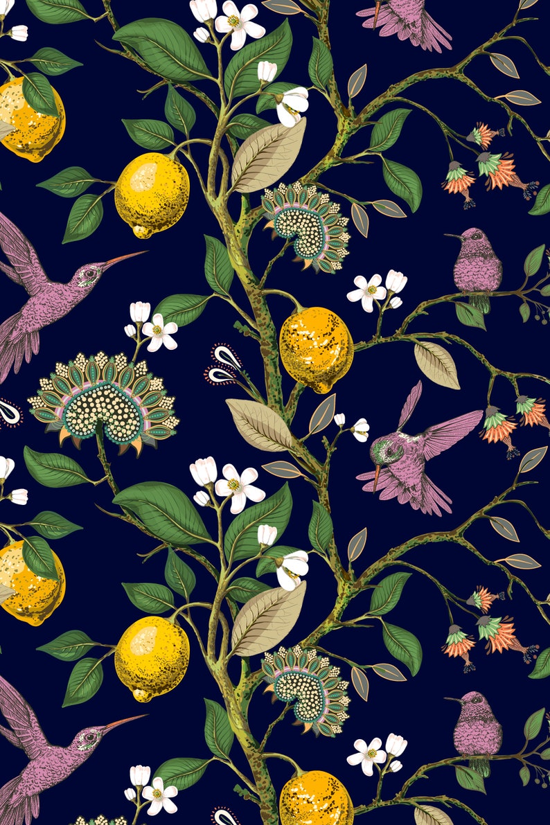 May include: A seamless pattern featuring a dark blue background with a lemon tree, white flowers, and purple hummingbirds. The lemons are yellow and the leaves are green.