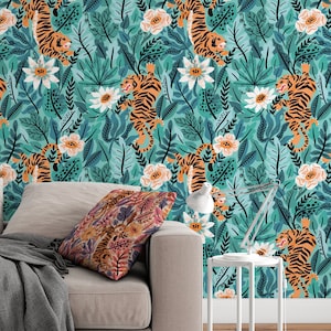 Exotic Tigers  Wallcovering - Fabric Peel & Stick Wallpaper - Removable Self Adhesive Wallpaper Roll pattern wallpaper design#3098