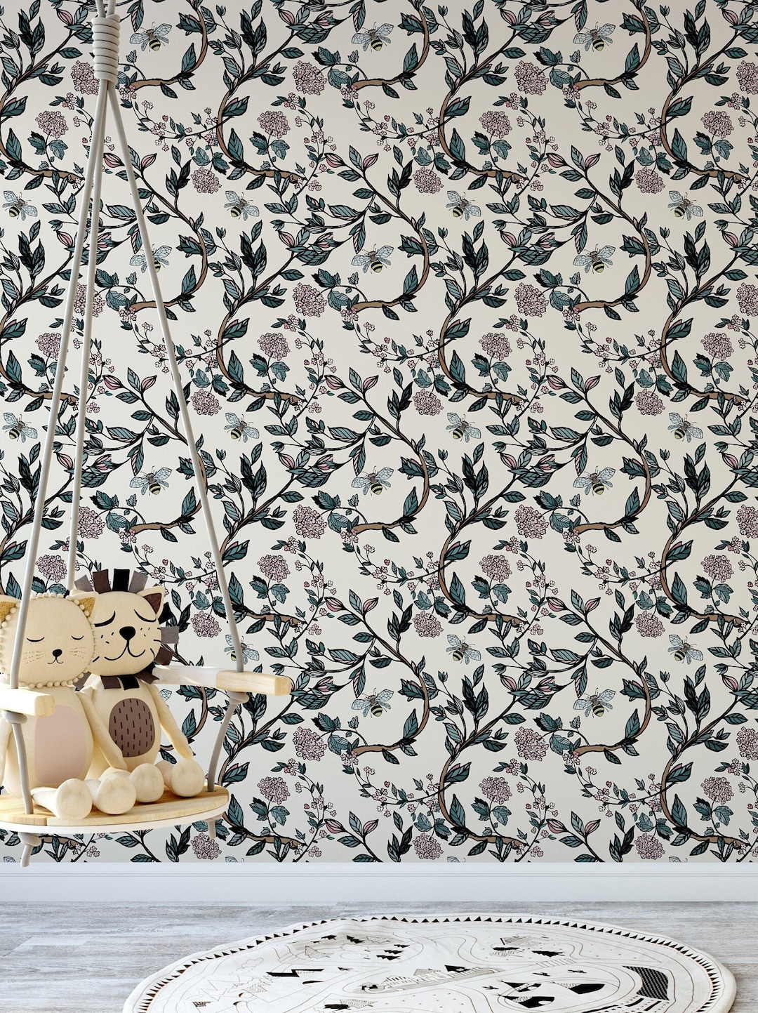 Bee Wallpaper, Flowers Wallpaper, Wall Mural, Peel and Stick Wallpaper