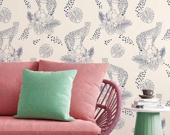 Cheetah and flowers  on a beige background animals Wallpaper - Removable wallpaper - Vinyl Peel and Stick Wallpaper design #3138