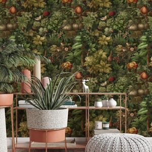 Leaves and birds  - Peel and Stick wallpaper, Traditional wallpaper design #3674