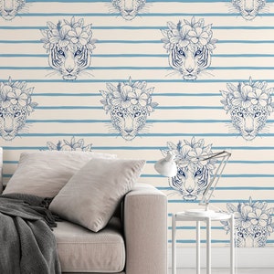 Animals design  with flowers and stripes, tigers   - Removable wallpaper - Vinyl Peel and Stick Wallpaper design #3136