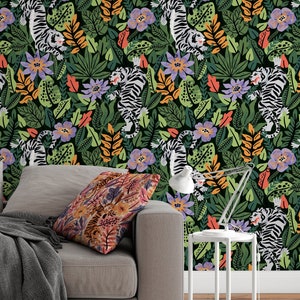 Tigers Wallcovering, tropical - Fabric Peel & Stick Wallpaper - Removable Self Adhesive Wallpaper Roll pattern wallpaper design#3097