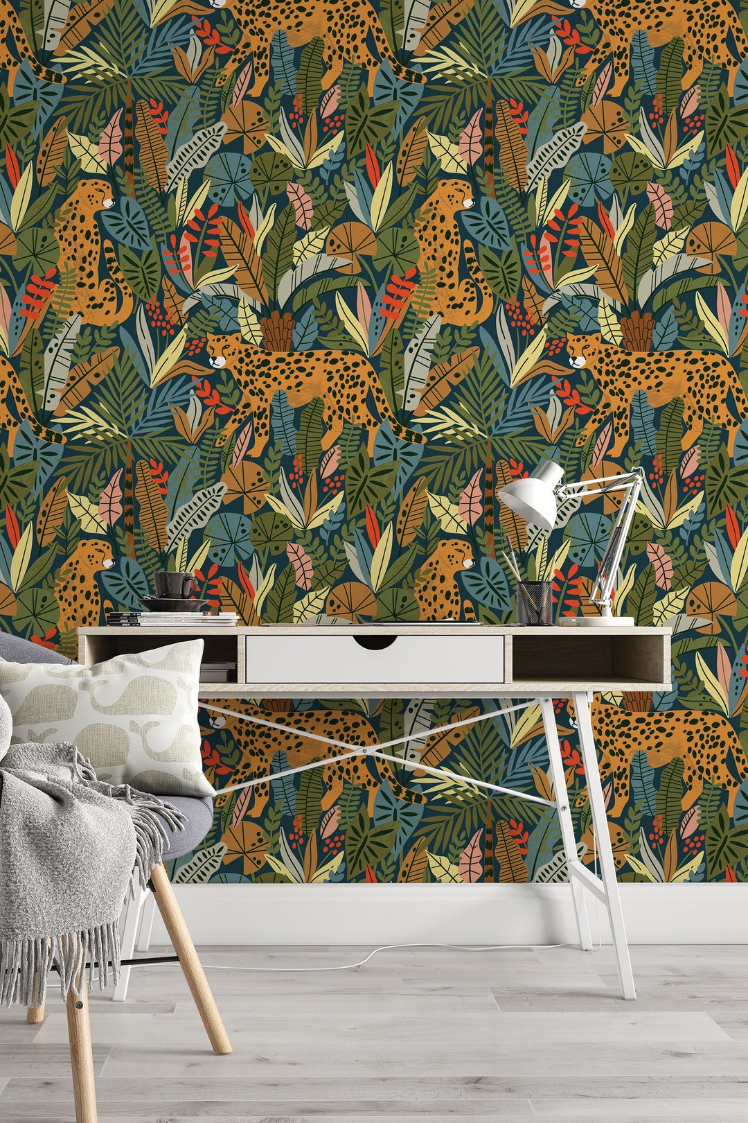 Cheetah in the Colorful Grass, Animals Fabric Peel & Stick Wallpaper