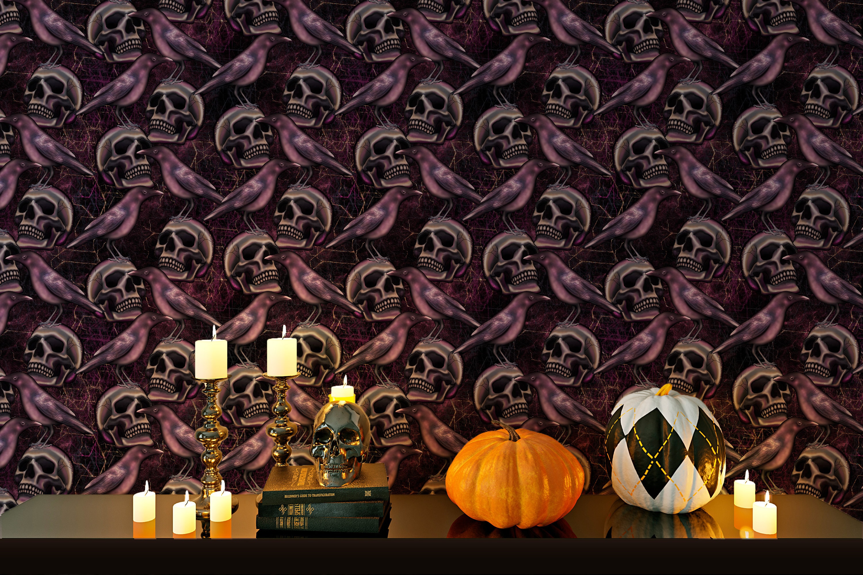Halloween wallpaper spooky skulls and ravens Peel and Stick | Etsy