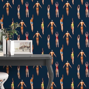 Swimmers Retro Wallpaper Navy Blue Background - Peel & Stick Wallpaper - Removable Self Adhesive and Traditional wallpaper #3448 image 6