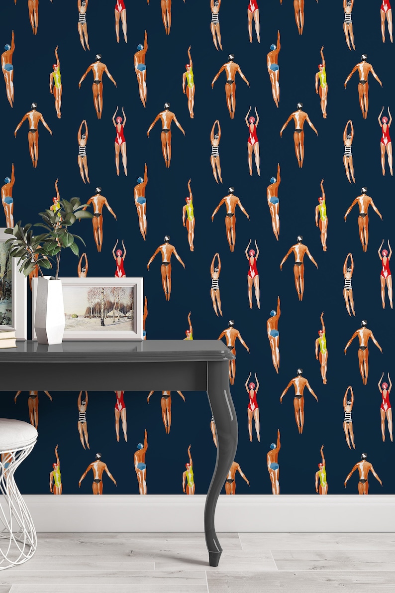 Swimmers Retro Wallpaper Navy Blue Background - Peel & Stick Wallpaper - Removable Self Adhesive and Traditional wallpaper #3448 image 6