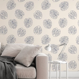 Boho Palm leaves pattern blue on beige background Wallpaper Removable wallpaper Vinyl Peel and Stick Wallpaper design 3139 image 6