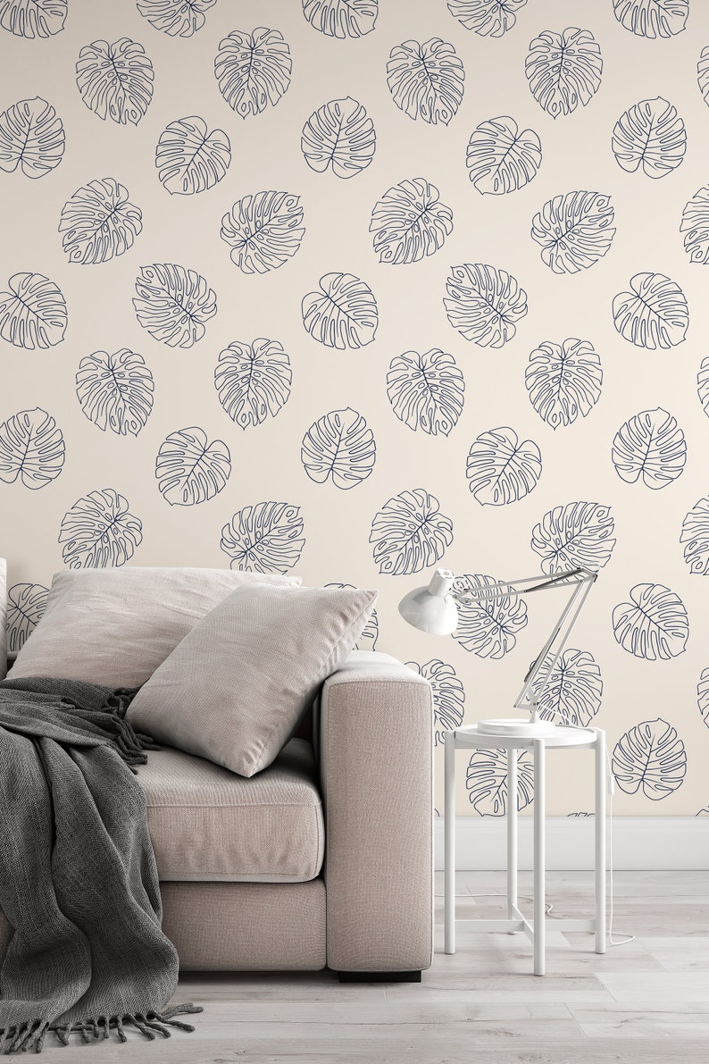 Boho Palm leaves pattern blue on beige background Wallpaper Removable wallpaper Vinyl Peel and Stick Wallpaper design 3139 image 6