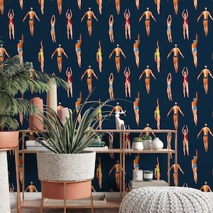 Swimmers Retro Wallpaper Navy Blue Background - Peel & Stick Wallpaper - Removable Self Adhesive and Traditional wallpaper #3448 image 7