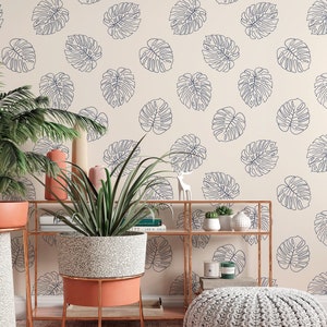 Boho Palm leaves pattern blue on beige background Wallpaper Removable wallpaper Vinyl Peel and Stick Wallpaper design 3139 image 2