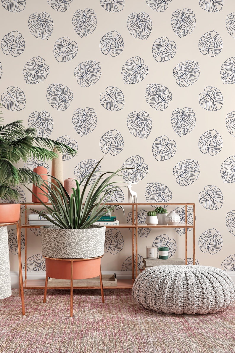 Boho Palm leaves pattern blue on beige background Wallpaper Removable wallpaper Vinyl Peel and Stick Wallpaper design 3139 image 2