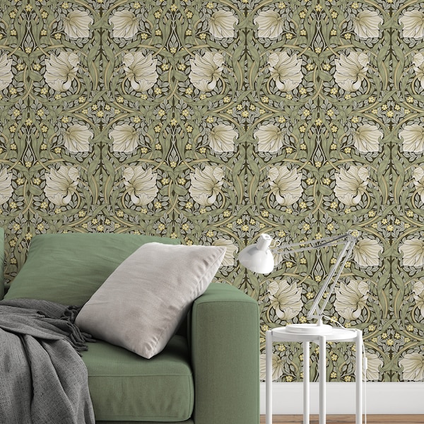 William Morris white flowers -  Peel and Stick - Traditional Wallpaper #3541