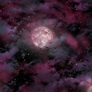 Może przedstawiać: Ciemne, purpurowo-czarne nocne niebo z pełnią księżyca i wieloma gwiazdami. Sylwetki nietoperzy latają po niebie.