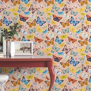 Exotic Butterflies Wallpaper on biege background - Removable Self Adhesive pattern wallpaper #3255