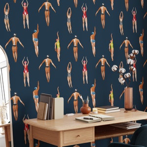 Swimmers Retro Wallpaper Navy Blue Background - Peel & Stick Wallpaper - Removable Self Adhesive and Traditional wallpaper #3448 image 5