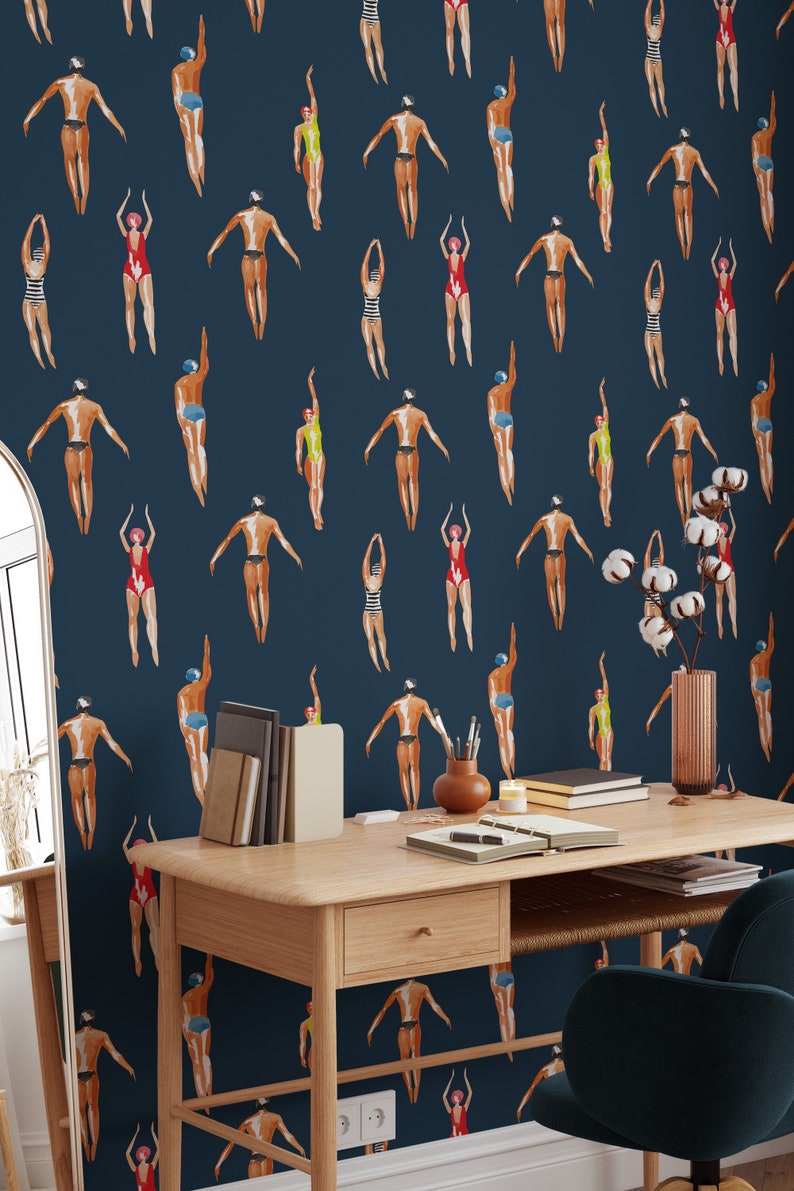Swimmers Retro Wallpaper Navy Blue Background - Peel & Stick Wallpaper - Removable Self Adhesive and Traditional wallpaper #3448 image 5
