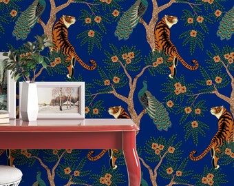 Animals Tiger and Peacock in the woods on blue background wall decor Peel and Stick removable wallpaper traditional wallpaper 3182