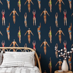 Swimmers Retro Wallpaper Navy Blue Background - Peel & Stick Wallpaper - Removable Self Adhesive and Traditional wallpaper #3448 image 3