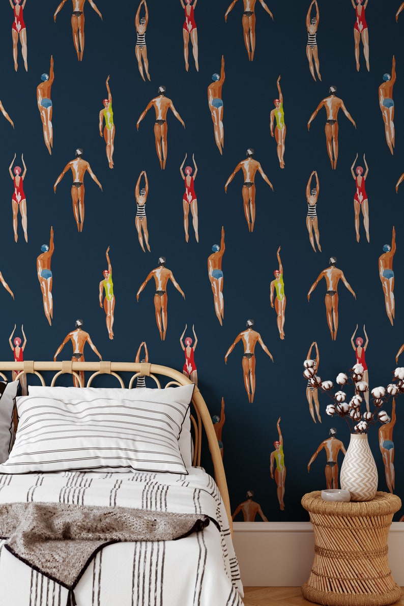 Swimmers Retro Wallpaper Navy Blue Background - Peel & Stick Wallpaper - Removable Self Adhesive and Traditional wallpaper #3448 image 3